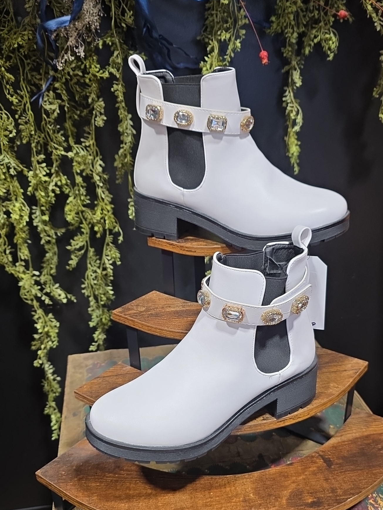 Stephan Women's White Jeweled Strap Chelsea Ankle Boots